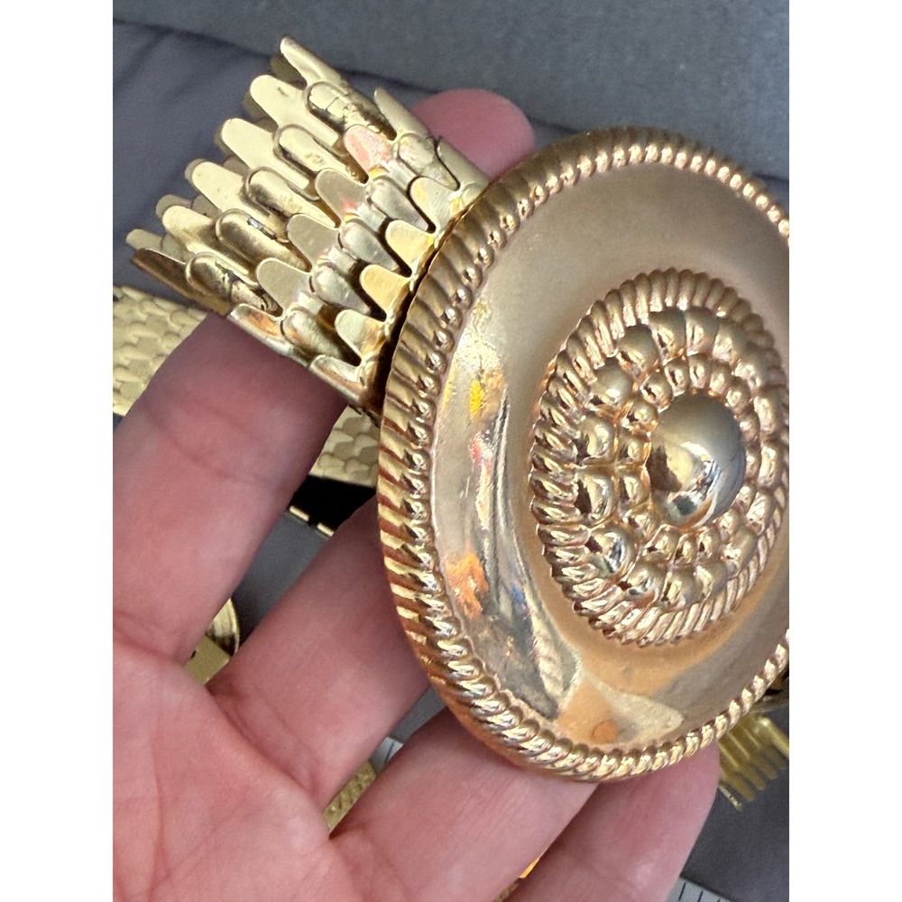 Vintage Gold Tone Metal Coin Scale Link and‎ Mustard Yellow Elastic Belt Set 3pc - Picture 16 of 16